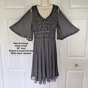 Alex Evenings black dress, 38" bust, Sequin & bead trim top, Wide sheer sleeves